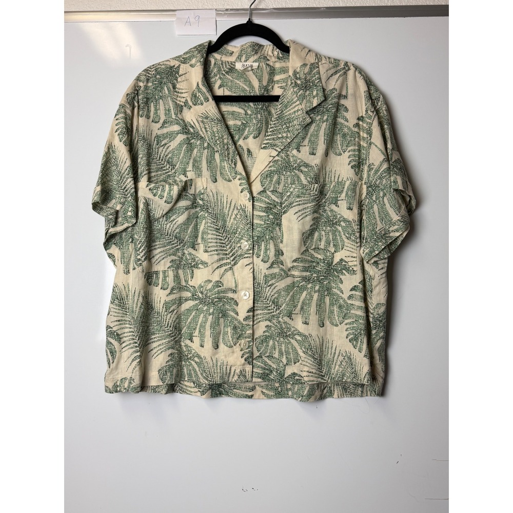 a.n.a Women XXL Green Tropical Palm Leaf Linen Blend Button Down Shirt Top